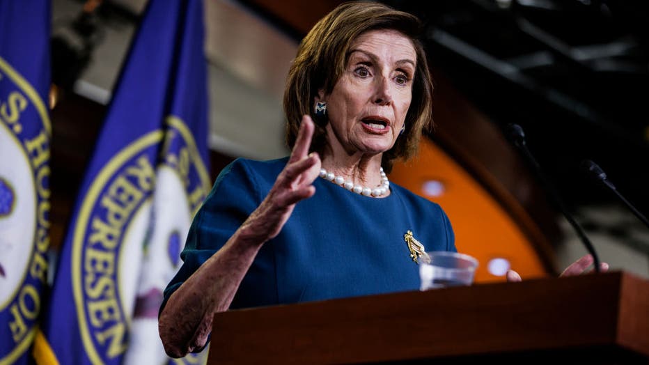 FILE - Speaker of the House Nancy Pelosi (D-CA) holds her weekly news conference in the Capitol Visitors Center at the U.S. Capitol building on Oct. 28, 2021, in Washington, D.C. (Photo by Samuel Corum/Getty Images)