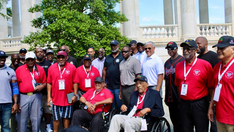 African American veterans from Atlanta, spanning generations of service, stand united at national war memorials during the Juneteenth Honor Flight in Washington, D.C. on June 19, 2024.