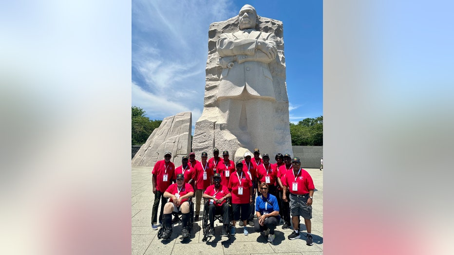 African American veterans from Atlanta, spanning generations of service, stand united at national war memorials during the Juneteenth Honor Flight in Washington, D.C. on June 19, 2024.