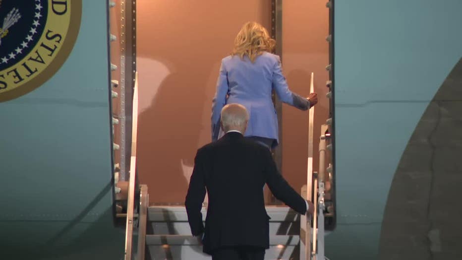 President Joe Biden and first lady Dr. Jill Biden board Air Force One after spending the evening in Atlanta for the first presidential debate of 2024 on June 28, 2024.