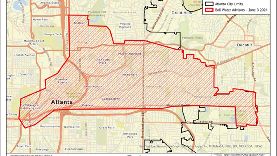 The area of Atlanta under a boil water notice is in red on this map provided by the Atlanta Department of Watershed Management as of 5 p.m. on June 4, 2024. 