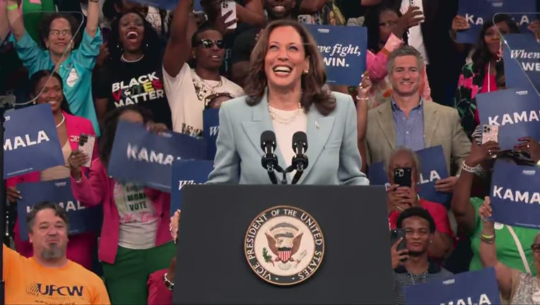 Vice President Kamala Harris addresses a crowd of 10,000 at the Georgia State Convocation Center in Atlanta on July 30, 2024.