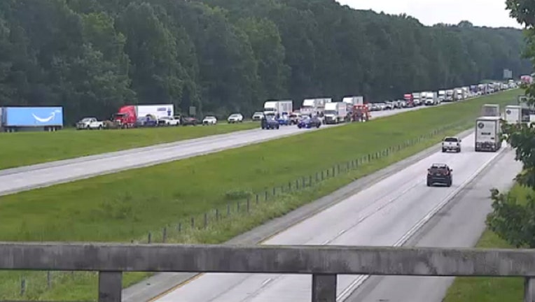 This image provided by the Georgia Department of Transportation shows the backup along I-20 in Carroll County after a deadly crash involving a car and a tractor-trailer on July 24, 2024.