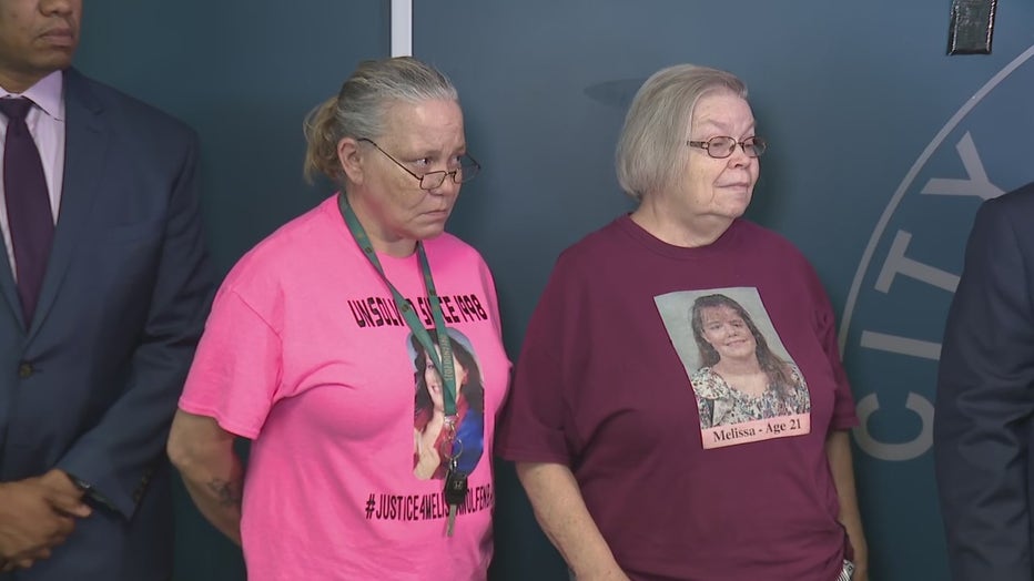 The family of Melissa Wolfenbarger attends a press conference at the Atlanta Police Department headquarters announcing an arrest in her murder on Aug. 7, 2024.