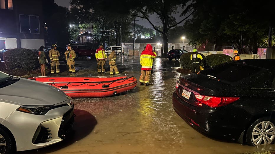 Atlanta Fire crews are respoding to the Peachtree Park Apartments after the adjacent Peachtree Creek began to flood the area on Sept. 27, 2024.