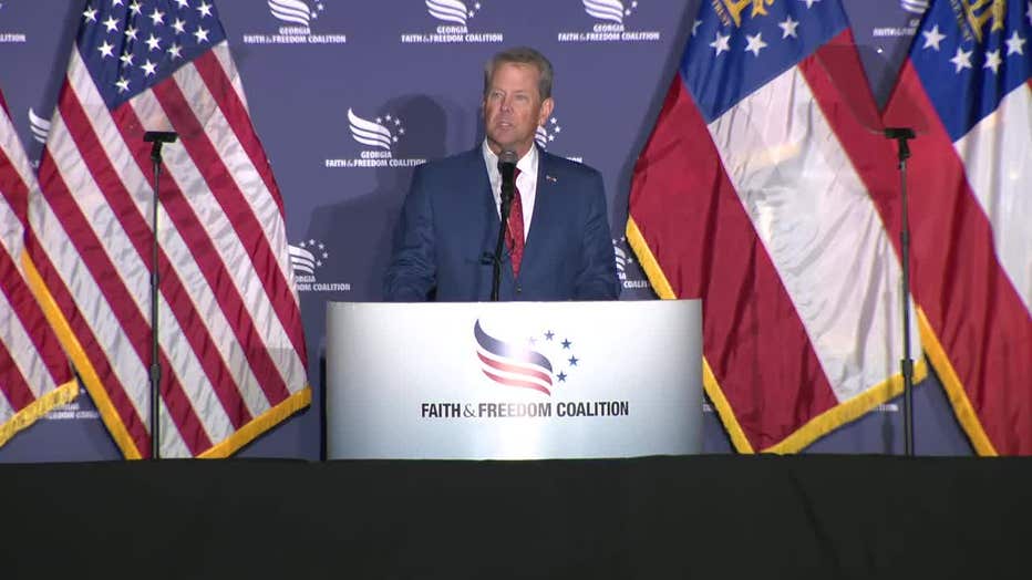 Georgia Gov. Brian Kemp speaks at the Georgia Faith and Freedom Coalition's annual dinner in Cobb County ahead of GOP vice-presidential nominee Sen. JD Vance on Sept. 16, 2024.