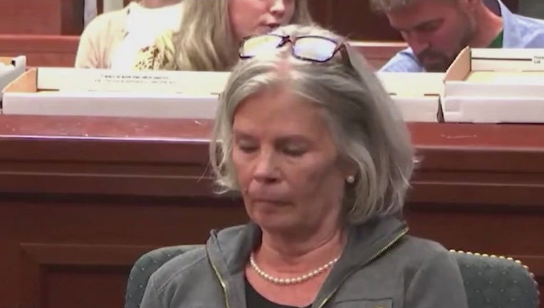 Melody Farris, who is accused of killing her husband and burning his body, sits in a Cherokee County courtroom on Oct. 14, 2024. 