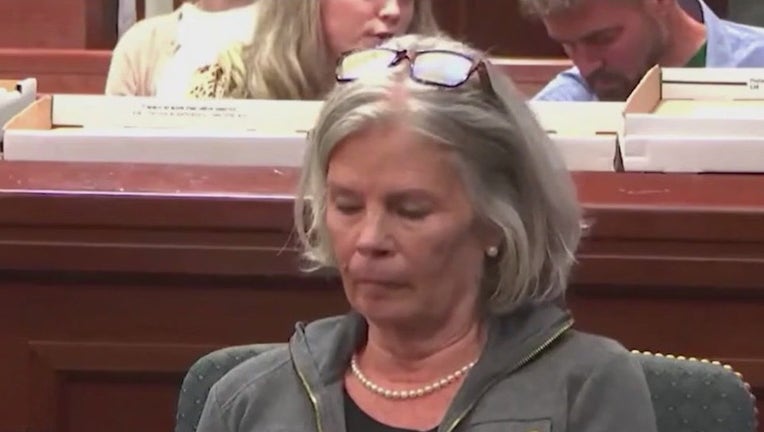 Melody Farris, who is accused of killing her husband and burning his body, sits in a Cherokee County courtroom on Oct. 14, 2024.