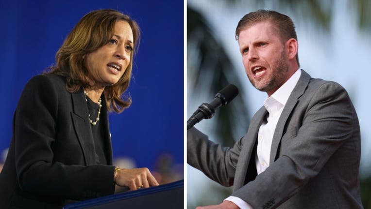 Photos of Kamala Harris, Eric Trump edited together in a side-by-side grid.