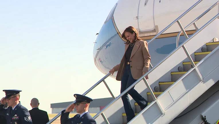 Vice President Kamala Harris steps off Air Force 2 in metro Atlanta ahead of a rally in Clarkston on Oct. 24, 2024.