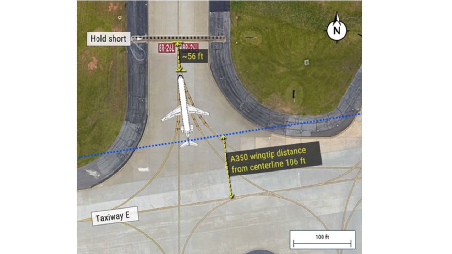 This image provided by the NTSB shows the distance from the hold short line to the nose landing gear of the CRJ.