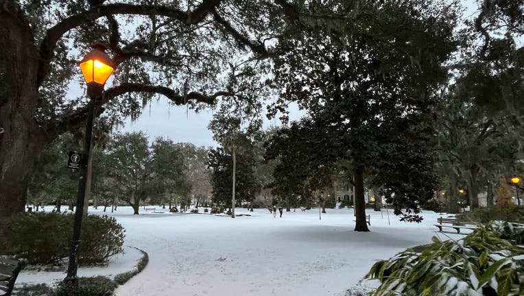 Snow remains on the ground at Forsyth Park in Savannah on Jan. 22, 2025.