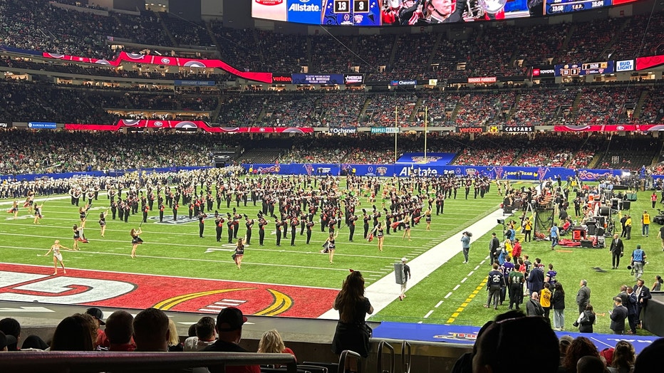 UGAs Redcoat Marching Band performs at the halftime of the Sugar Bowl as the Georgia Bulldogs take on the Notre Dame Fighting Irish on Dec. 2, 2025.