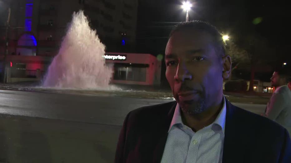 Atlanta Mayor Andre Dickens speaks to FOX 5 Atlanta in front of a water main break along Peachtree Road in Buckhead on Jan. 30, 2025.