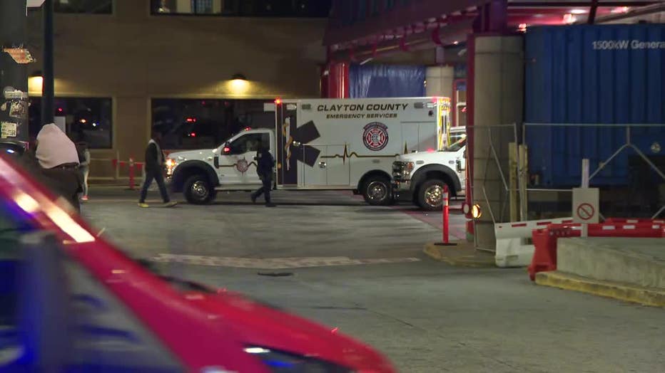 This image shows a Clayton County EMS ambulance at Grady Memorial Hospital after an officer was injured during a SWAT standoff on Feb. 25, 2025.