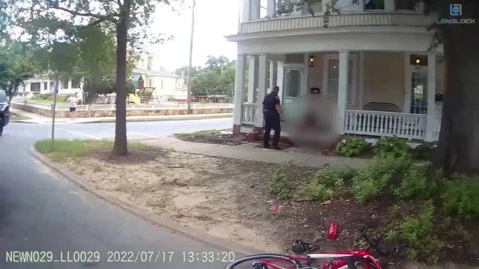 Body camera video shows Newnan Police Department officers responding to a vehicle striking a bike on July 17, 2022.