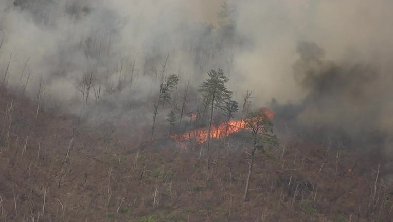SKYFOX 5 flew over the Big Ridge Fire stretching from Rabun Bald to Saltrock Gap on the north side of the fire, eastward from Rabun Bald toward Coldspring Gap, and Rabun Bald to Beegum Gap, extending east to Hale Ridge Road (Forest Service Road 7) on March 26, 2025.