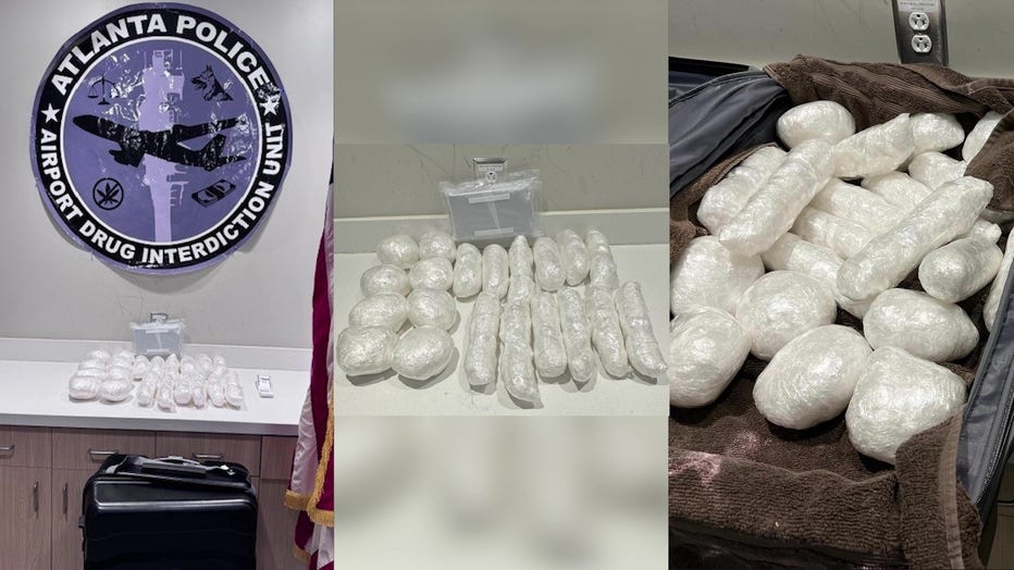 The Atlanta Police Department released this image showing 35.8 lbs. of methamphetamine and 4.6 lbs. of fentanyl seized at Hartsfield-Jackson Atlanta International Airport on March 14, 2025.
