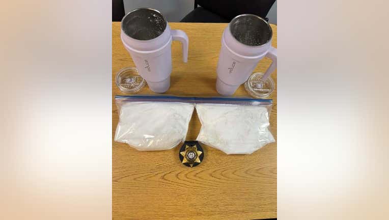 The Franklin County Sheriff’s Office shared this image showing two large tumblers containing approximately five pounds of methamphetamine worth an estimated street value of $170,000 that was seized on April 12, 2025.
