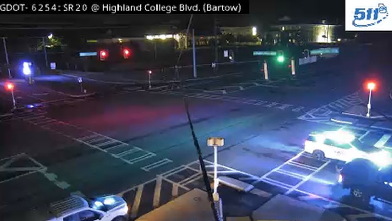 A heavy police presence can be seen along Georgia Highway 20 at Highlands College Boulevards in Cartersville on May 28, 2025.