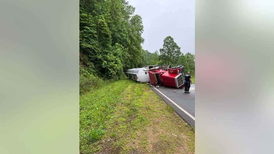 A tanker overturned spilling about 2,500 gallons of fuel near Talking Rock on May 20, 2025.
