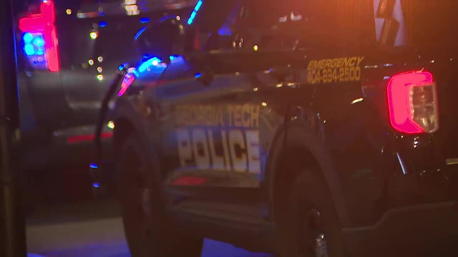 Police investigate a shooting at an apartment building for off-campus Georgia Tech living along Spring Street at 3rd Street in Midtown Atlanta on May 18, 2025.