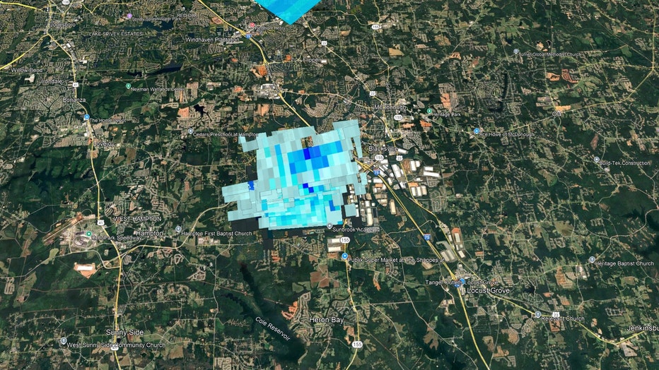 Esta imagen de radar muestra el campo de escombros asociado con posibles desechos espaciales que aterrizan al sureste de Atlanta en Blacksville, Georgia, el 26 de junio de 2025.