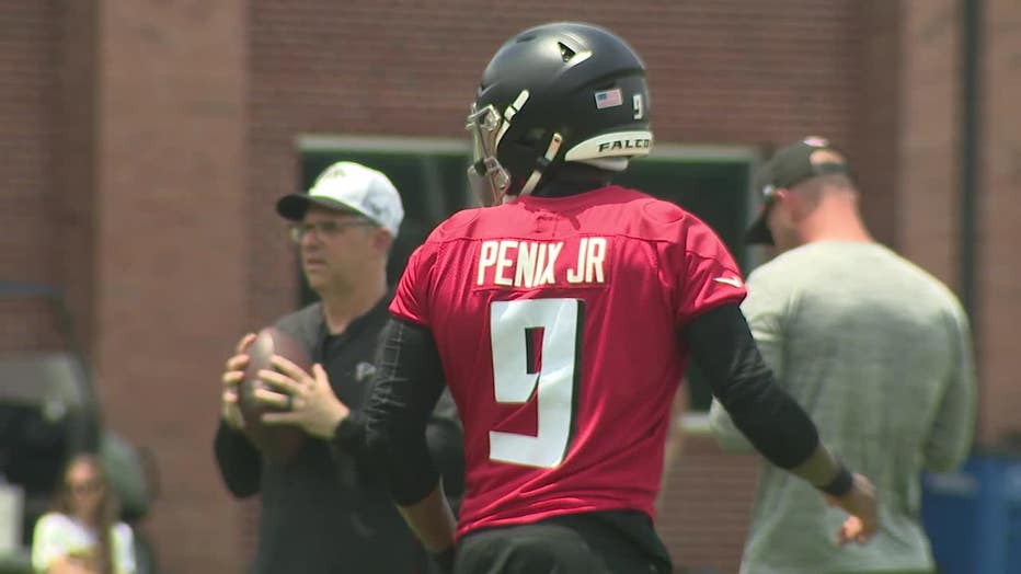 Atlanta Falcons quarterback Michael Penix Jr. reports for minicamp practice at Flowery Branch on June 10, 2025.