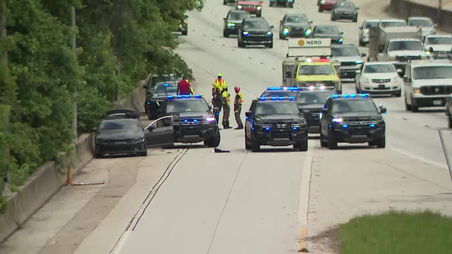 DeKalb County police investigate a double shooting along I-20 at Glenwood Drive on June 9, 2025.