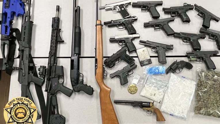 A search of a vehicle during a traffic reveals about one pound and five ounces of methamphetamine along with a firearm in Forsyth County on July 9, 2025.