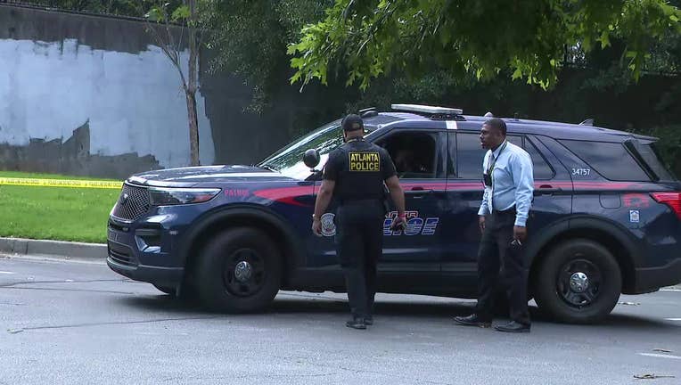 Police in Atlanta investigate a double shooting at an apartment complex along Greensferry Avenue in the Castleberry Hill district of Atlanta on July 23, 2025.