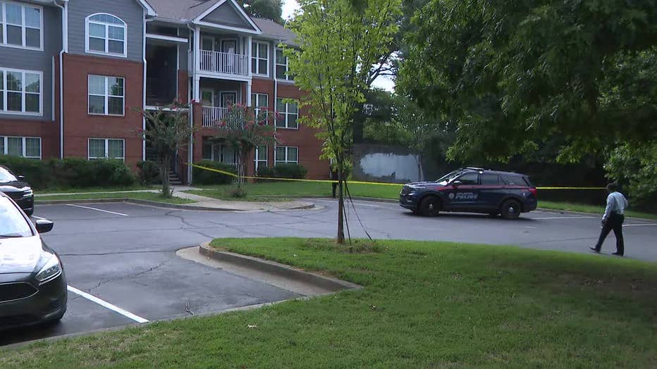 Police in Atlanta investigate a double shooting at an apartment complex along Greensferry Avenue in the Castleberry Hill district of Atlanta on July 23, 2025.