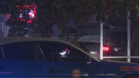 Car slams into Avis building during police chase