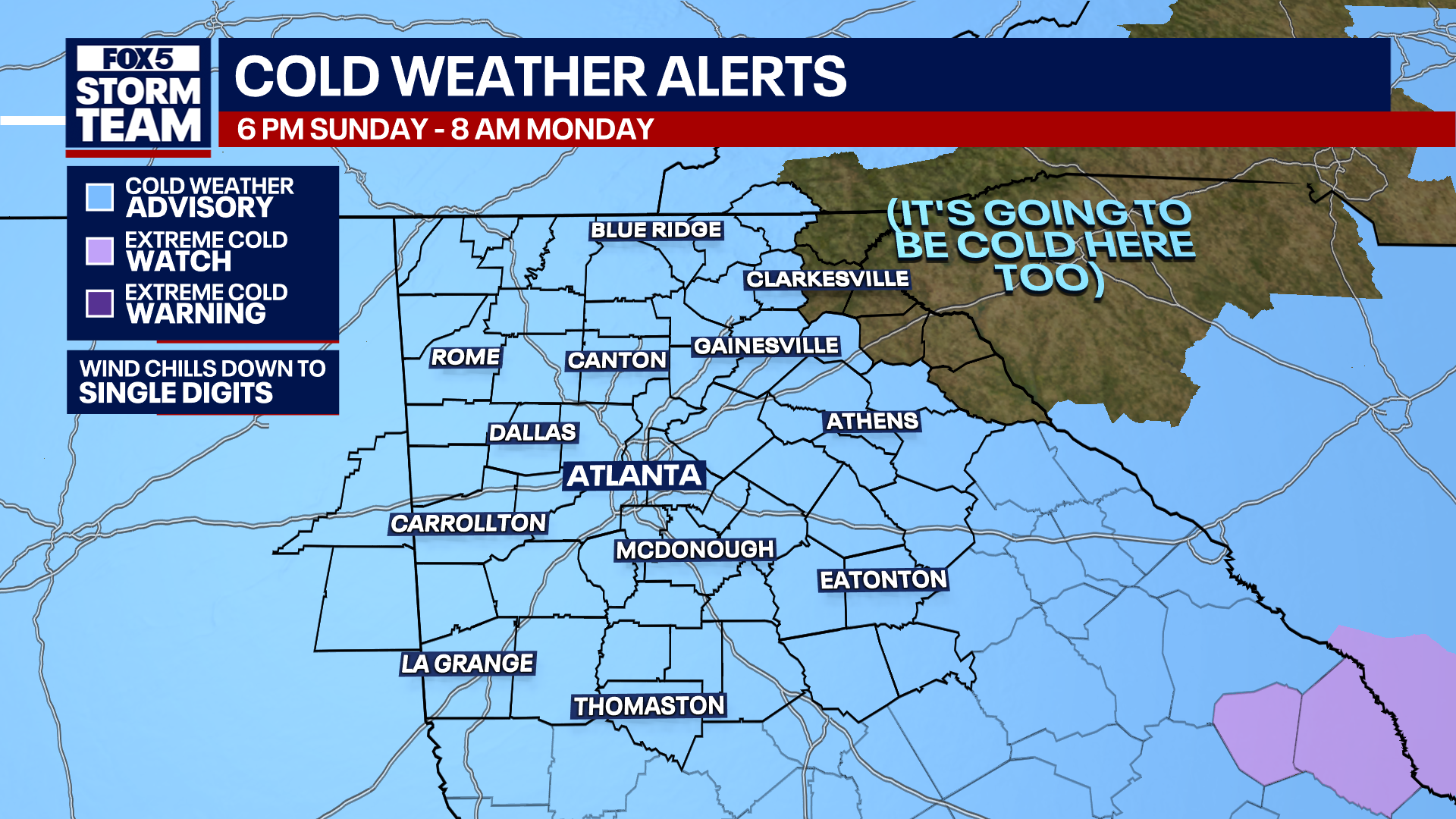 North Georgia under Cold Weather Advisory Sunday into Monday