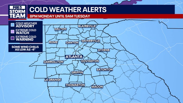 Georgia Cold Weather Advisory: Dangerous wind chills, black ice alert through Tuesday