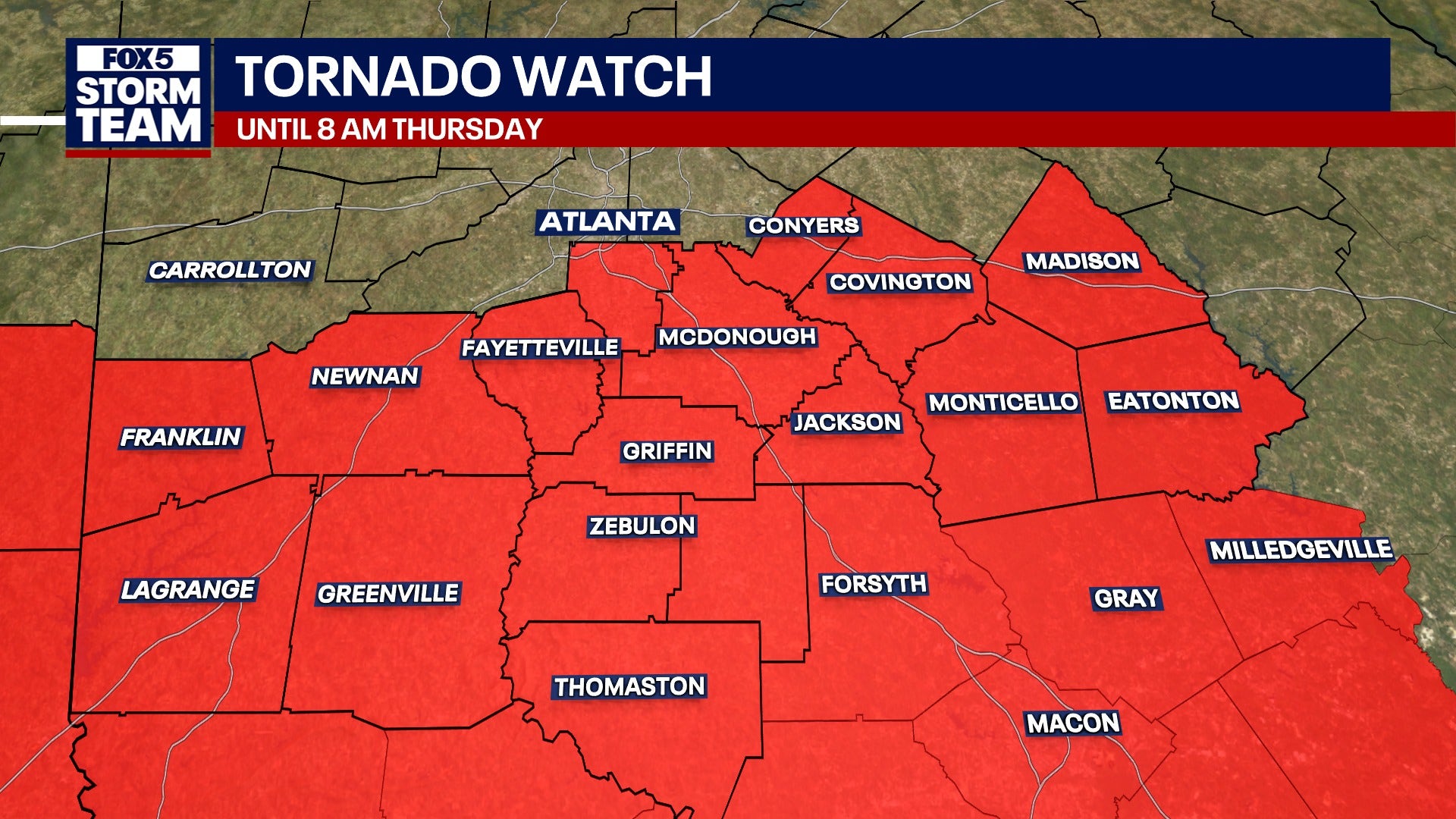 Tornado Watch issued for metro Atlanta, Central Georgia through Thursday morning