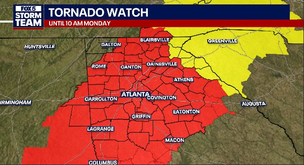 Tornado Watch and thunderstorms begin in metro Atlanta, North Georgia