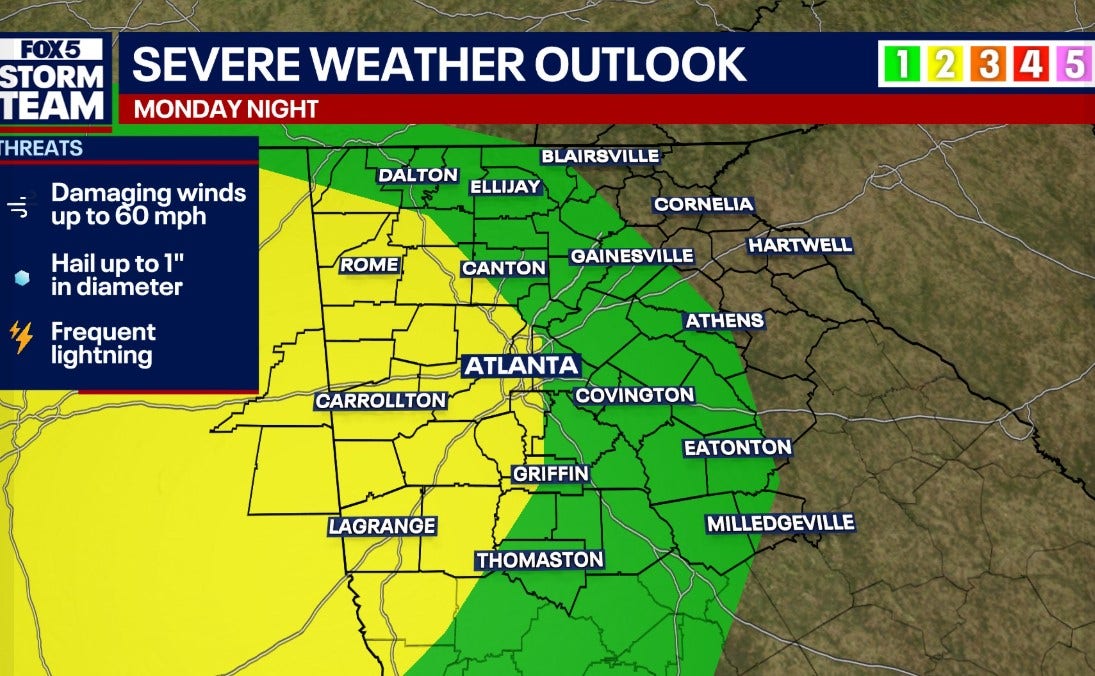 Storm threat increases to level 2 tonight for North Georgia