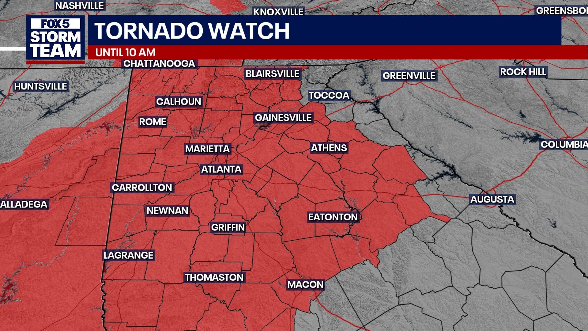 Tornado Watch and thunderstorms begin in metro Atlanta, North Georgia