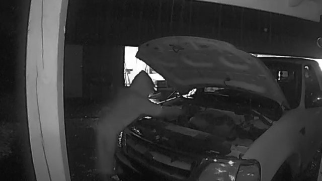 Watch: Rain-soaked thief caught on camera stealing battery from funeral home