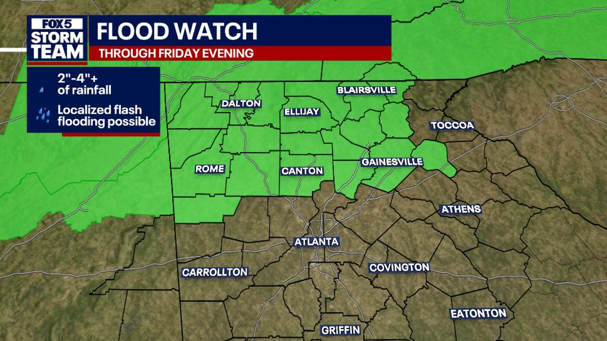 Front increases storm chances, Flood watch issued for far north Georgia