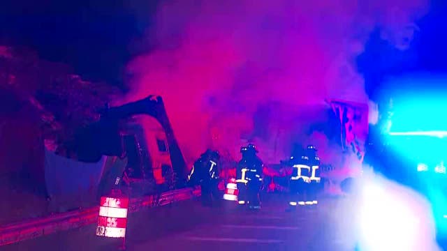 Tractor-trailer rig ignites overnight on I-20 after crash