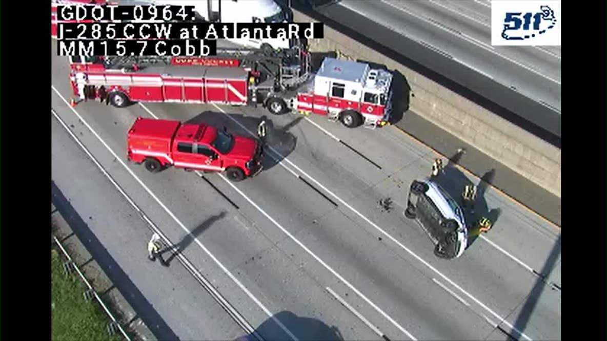 Overturned vehicle blocks all I-285 South lanes near South Atlanta Road
