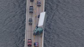 Tractor-trailer overturns on Bay Bridge