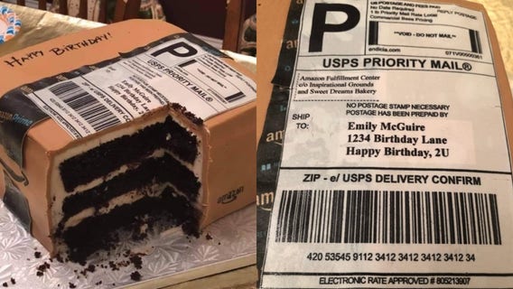 Husband surprises wife with Amazon box birthday cake, because Amazon shopping is her favorite thing