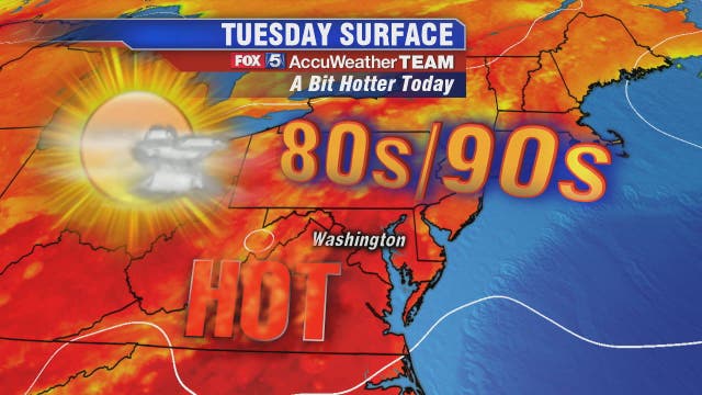 Hot and humid Tuesday with highs in the 90s; spotty storms possible into the afternoon and evening