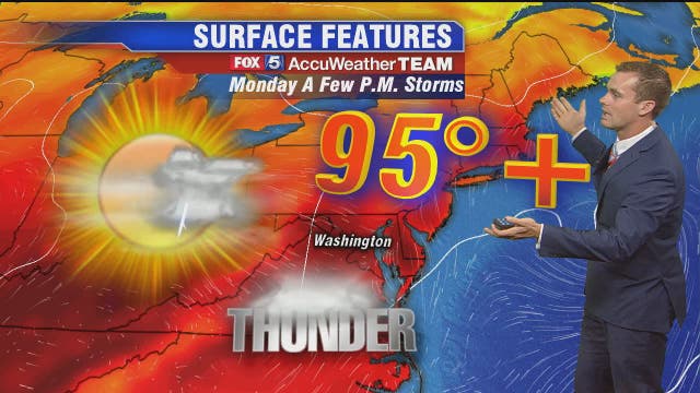 Hot, humid and chance for storms Monday afternoon and evening; heat index values between 100 and 105 degrees possible for parts of DC region