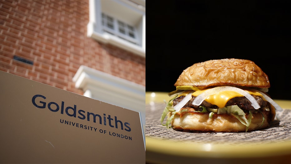 Left: A picture shows the facade of Goldsmiths University of London. Right: A burger is served. The university announced a ban on all beef products to fight climate change.