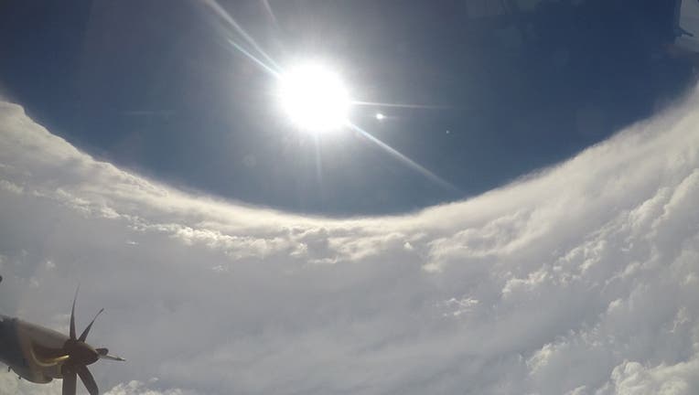 This image shows a clear view of the hurricane's