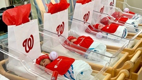 Newborn babies dressed in Nationals gear at Inova Hospital ready for game day